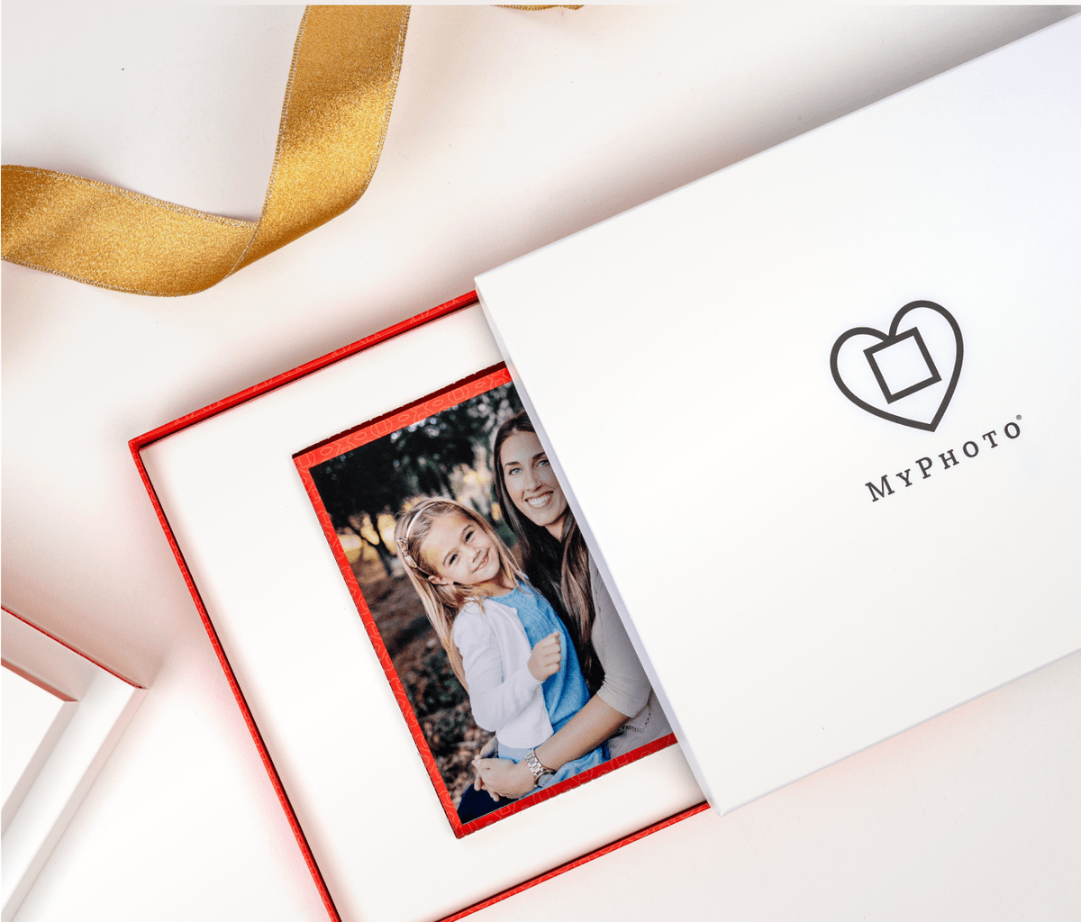 Gift ready photo frame with gold ribbon